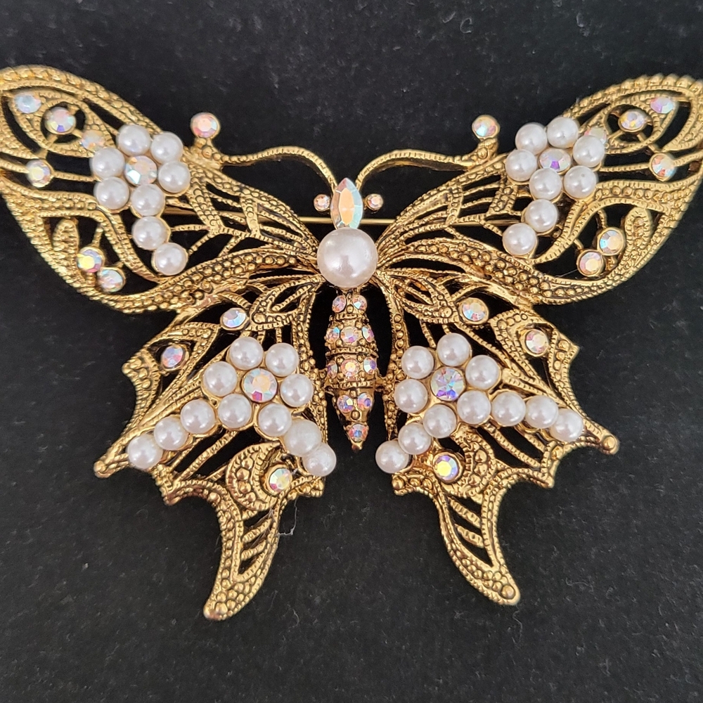 Vintage Aurora Borealis Butterfly Pearl & Crystal Brooch - Women Jewelry